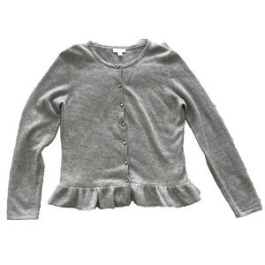 Garnet Hill 100% Cashmere Gray Button Up Ruffle Cardigan Sweater Size M